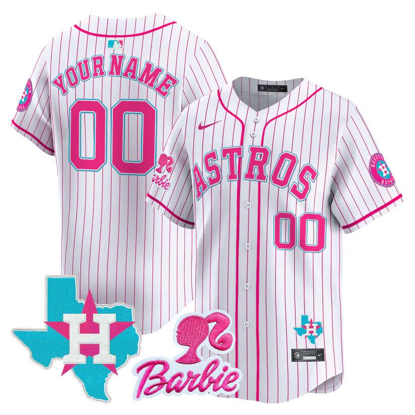 Men's Houston Astros ACTIVE PLAYER Custom Pink Stripe Barbie Patch Vapor Premier Limited Cool Base Stitched Baseball Jersey Men's Houston Astros ACTIVE PLAYER Custom Pink Stripe Barbie Patch Vapor Premier Limited Cool Base Stitched Baseball Jersey